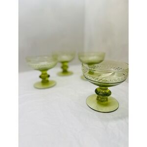 Vintage Green Glass Champagne Coupe 4in Dessert Bowls Etched Diamond Set of 4
